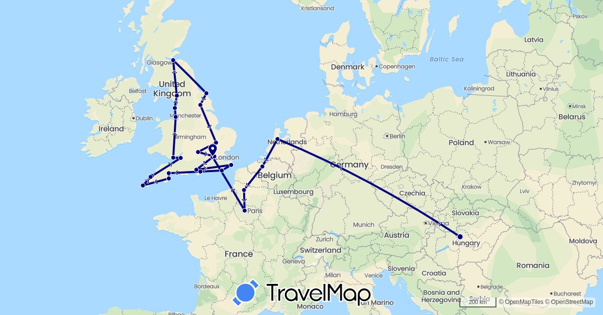 TravelMap itinerary: driving in Belgium, France, United Kingdom, Hungary, Netherlands (Europe)